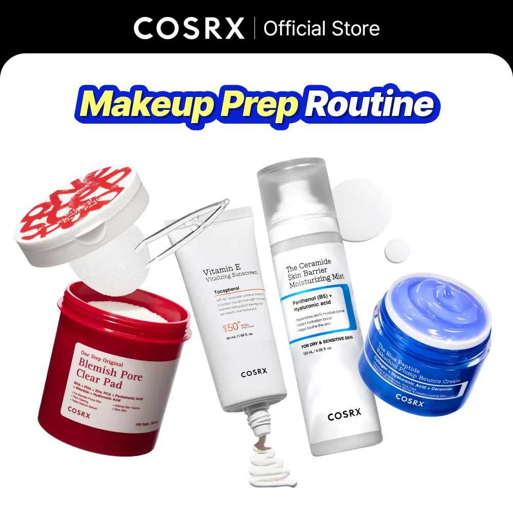 [COSRX Official] Makeup Prep Routine_blemish toner pad + vitamin E sunscreen + ceramide mist + copper peptide cream