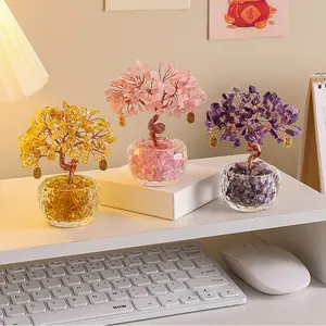 Natural Crystal Flower Tree, Handmade Mini Gemstone Tree Ornament with Posable Adjustable Branches, DIY Flexible Design Desktop Decoration for Home Office Bedroom, Positive Energy Healing Crystal Gift for Women Mom Wife Her Birthday