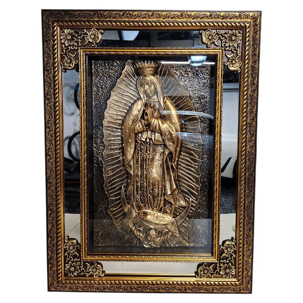Virgen De Guadalupe 20"widex27"tall F305-S Mediano Gold-Tone Mirrored Frame Full Body Our Lady Of Guadalupe Fino Marco Delgado Fancy Imagen Image Cuadro Mother Mary Virgen Maria