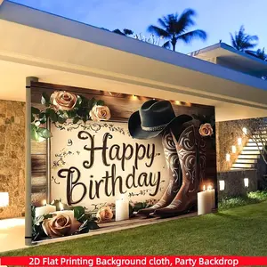1-pack 2D flat polyester western cowboy theme birthday banner, polyester material retro cowboy hat boots design elements, suitable for birthday parties, theme events, photography backgrounds, can be used repeatedly, easily create an American western birth