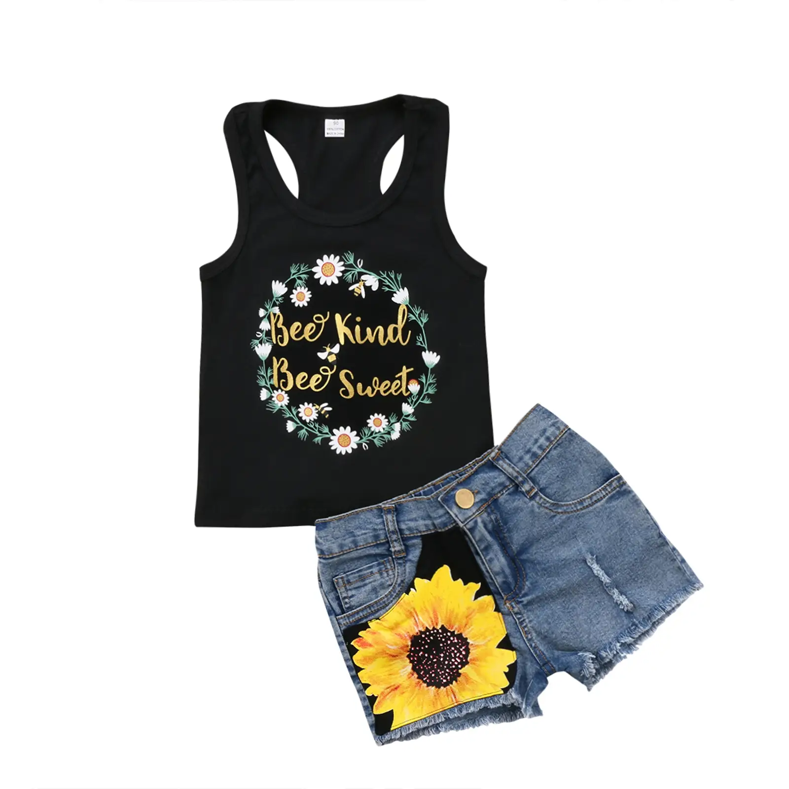 2pcs/Set Toddler Kids Baby Girl Sleeveless Floral T-Shirt Top Sunflower Denim Jeans Shorts Outfits 1-8T