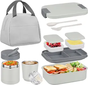 [Summervibes] Bento Lunch Box Set with 10.5oz Soup Thermo Food Jar for Adults Kids, Stainless Steel Leak-proof Lunch Container with 4 Compartment, Coffee Tumbler with Lunch Bag for School Travel Office-Grey
