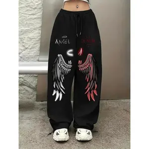 Women's Devil Angel Printed Wide Leg Pants, Casual Jogging Pants, Comfortable Winter Clothing, Soft and Durable FabricRAIMENTRY