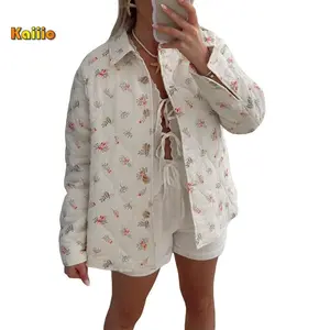 WomenQuiltedJacketLightweightCasualFloralPrintButtonFrontLongSleevesFallCardiganforOutwearStreetwearCottonFashion
