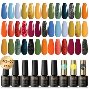 ROSALIND 23Pcs Gel Nail Polish Set with Boxes Included 20Colors Orange Yellow Red Glitter Gel Polish with Gel Base Coat &Matte ,No-wipe Top Coat Need Uv Light to Dry Nail Art for Women Gifts Salon Beauty Manicure