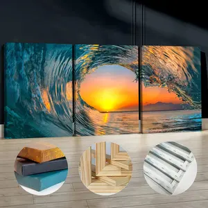 3Pcs Wooden Framed Canvas Painting, Ocean Wave Sunset Sunrise Scene, Exquisite Poster, Home Decoration, Pattern Wall Art Decor, For Living Room, Bedroom, Office, Restaurant, Bar Wall Decor, Waterproof, Odorless, Painting, Print Artwork.