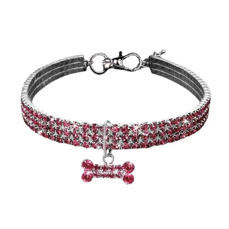 3 rows of Rhinestone elastic pet necklace, dog chain, cat crystal collar, pet supplies, small dog accessories, hang tag air