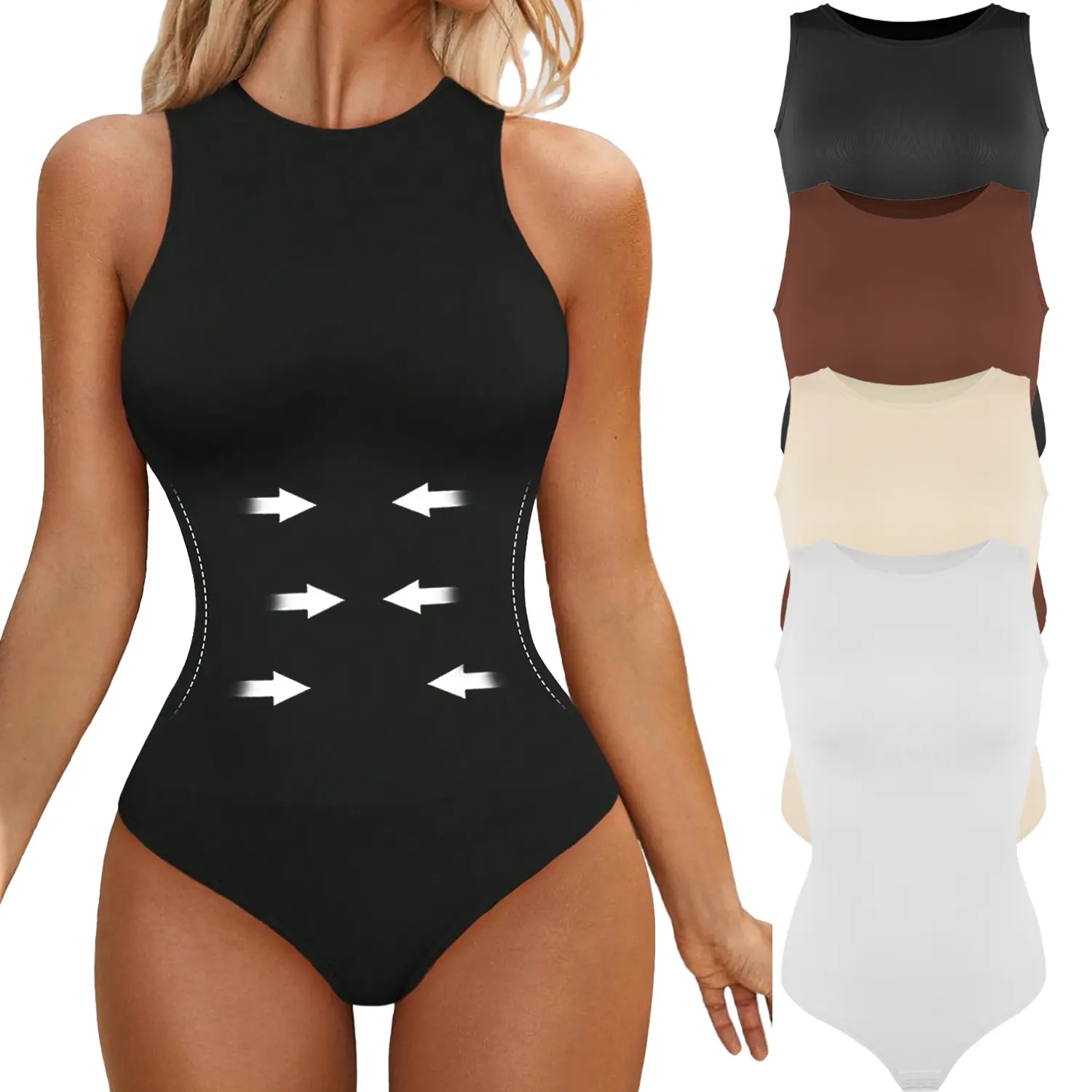 Women's Bodysuit with Built-In Tummy Control Shapewear - Elastic Blend Solid Knit Sleeveless Racerback High Neck Compression Tank, Casual Belly Hiding Thong Underwear, Built In Shapewear, Bodysuit For Women