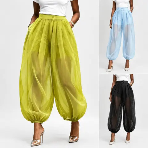 Women's Basic Elastic Loose Minimalist Sheer Mesh High-Waisted Balloon Pants - Plain 3-Color Pleated Wide-Leg Trousers with Built-in Shorts, Zipper, Lightweight Flowy Boho Casual Womenswear for Summer Vacation