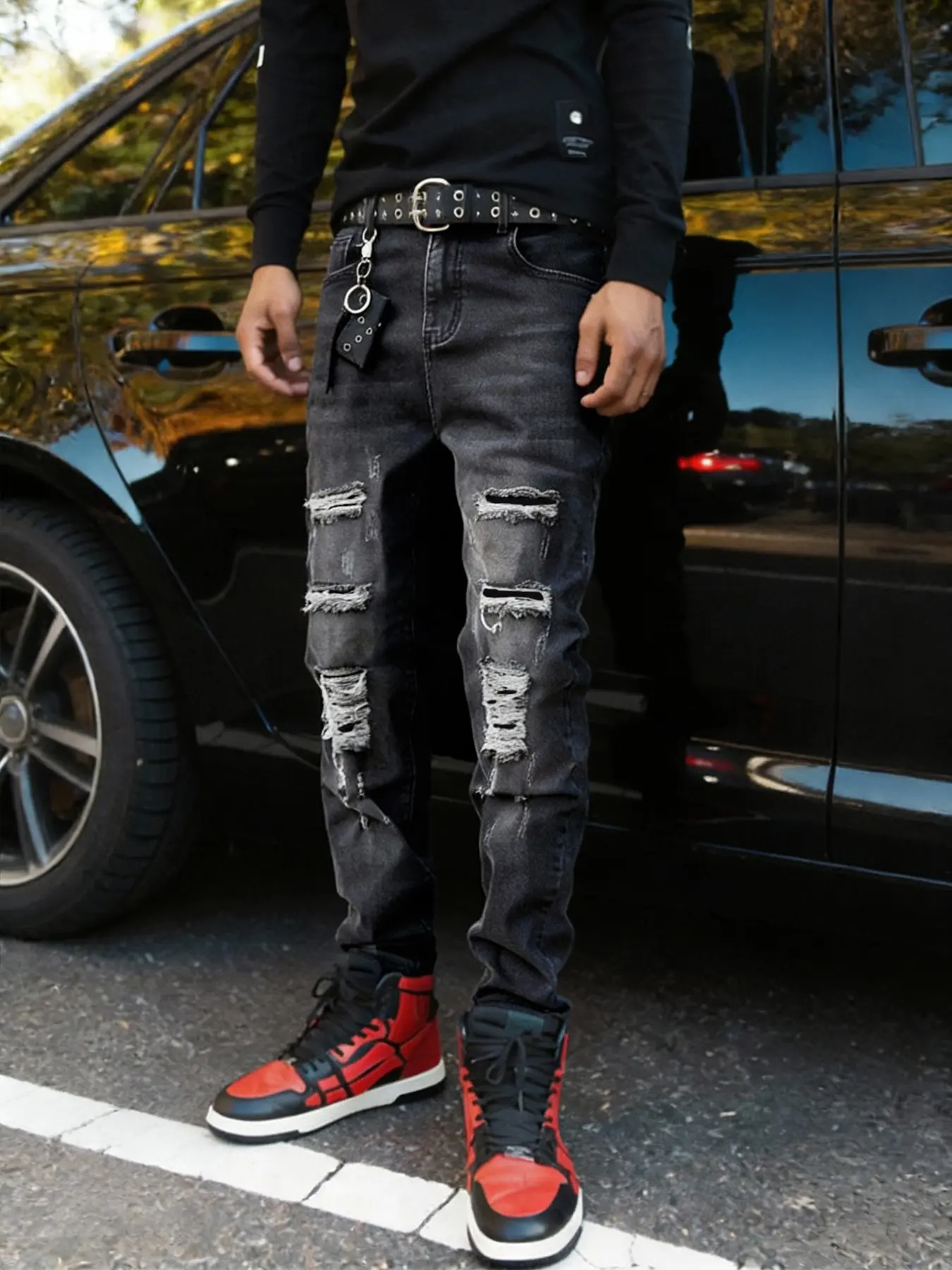 Men's black and gray Natural slim-fit stretch Fitted Ripped jeans Trouser for all seasons, featuring multiple irregular tear and hole details, Y2K Aesthetic high-street retro trendy denim pants