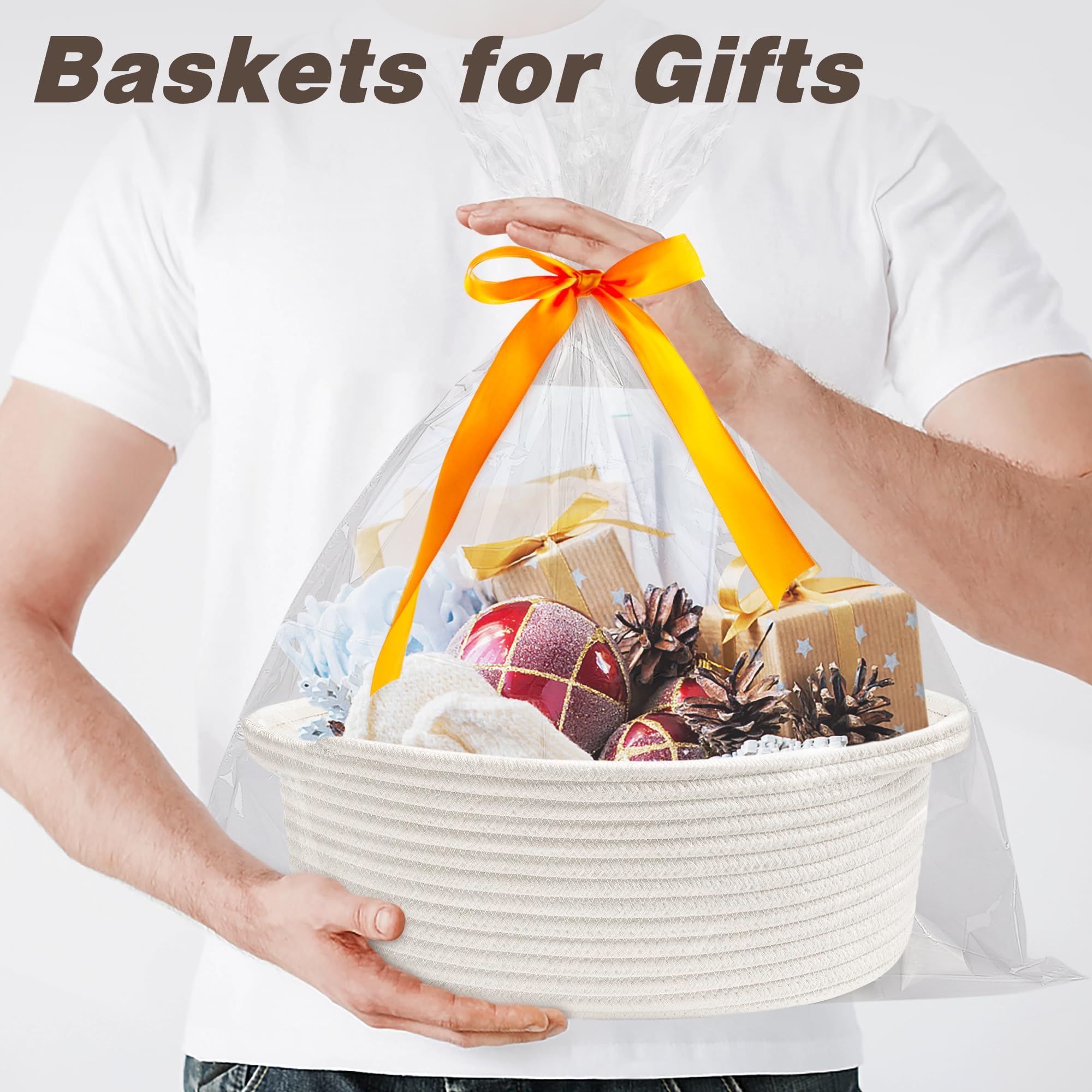 Small Woven Easter Basket with Gift Bags and Ribbons,Durable Burr Baskets for Gifts,Empty Small Rope Basket for Storage 12"X 8" X 5" Baby Toy Baskets with Handles, White