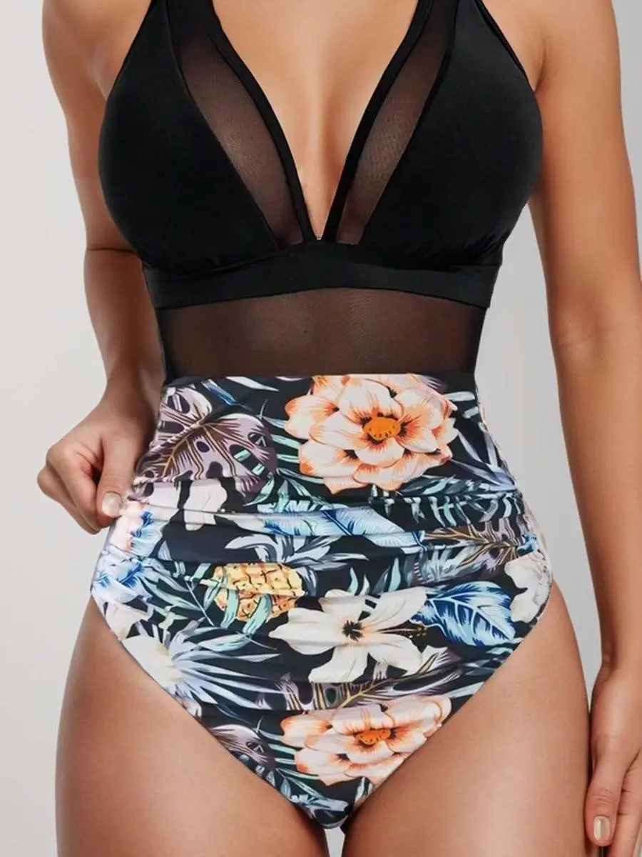 2026 New Solid Color Mesh Backless Sexy Bikini One-Piece Swimsuit,Plain, Beach Outings, Ff880bk-Black Sleek Silhouette Seamless Design, Bikini Top, Beach Wear, Beach-Themed Women's One-Pieces, Slim-Fitting Poolside Relaxation Summer Adventures