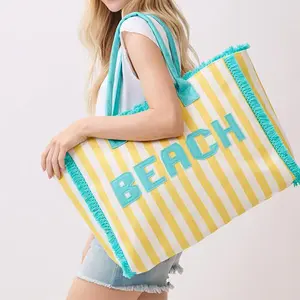 Toami Striped Terry Cloth Beach Tote Embroidered Letter Frayed Pink Blue Y2K Chic Absorbent Durable Bohemian Style