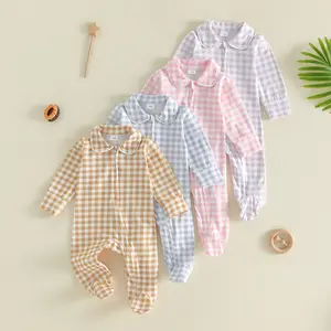 Canrulo Newborn Baby Boy Girl Gingham Footed Romper Peter Pan Collar Infant Long Sleeve Zipper Jumpsuit Coming Home Outfit