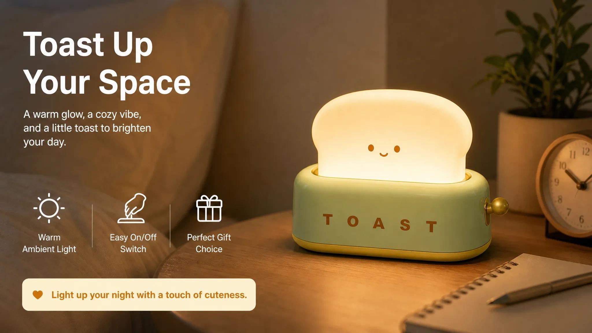 Cordless Rechargeable Kawaii Whimsical Aesthetic Toaster Lamp with Smile Face Toast Bread Design - Room Decor, Mood Lighting for Bedroom Bedside, Desk, College Dorm, Kids Room Gift, Electronic Lights, Family