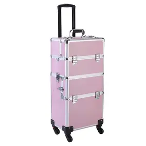 3 in 1 Rolling Makeup Train Case Professional Cosmetic Trolley Large Storage with Swivel Wheels Salon Barber Case Traveling Cart Trunk for Make Up Hairstylists Nail Tech (Pink)