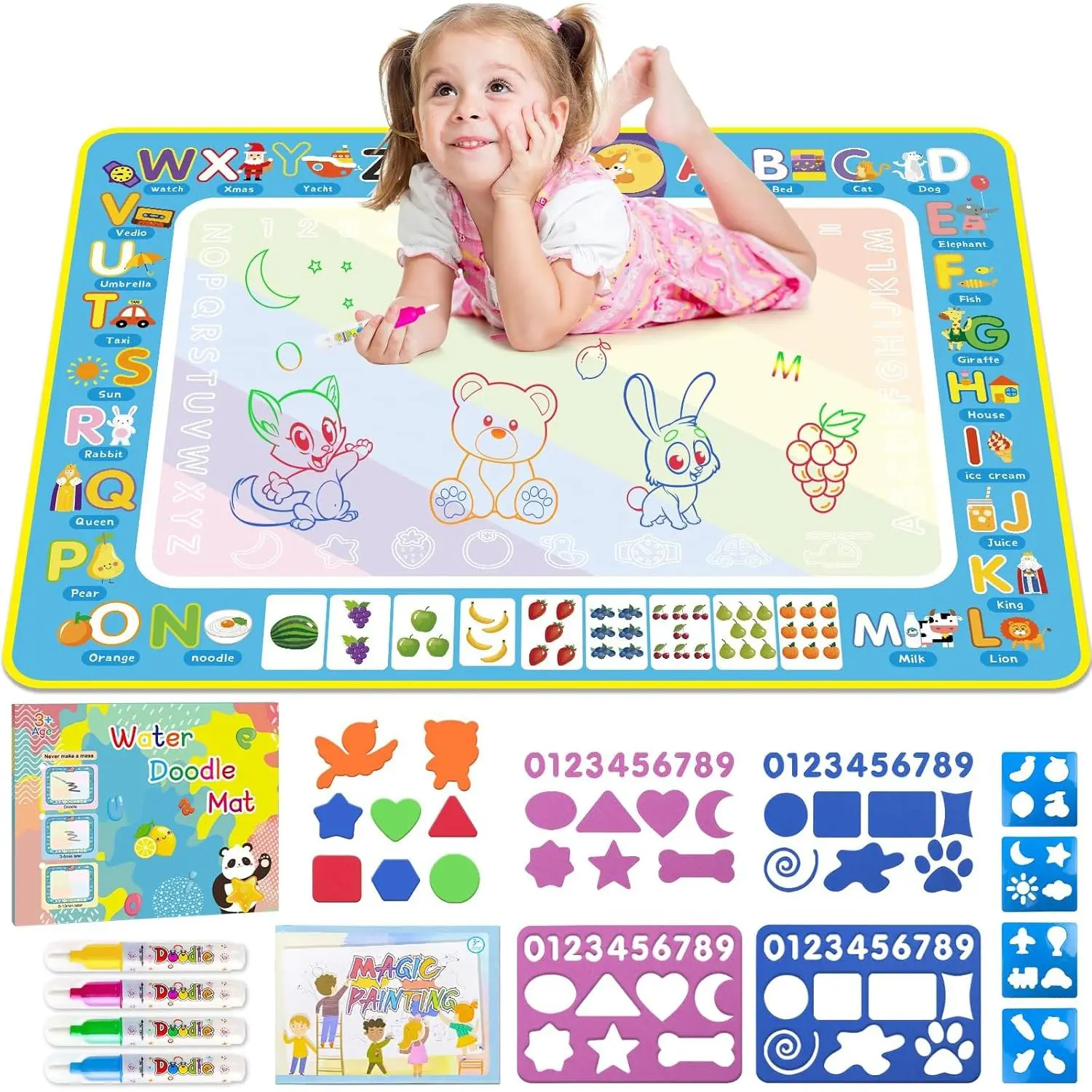 Unisex Kids' Water Doodle Mat - Mess-Free Coloring Toy with Magic Pens, Learning Letters/Alphabet 31, Ideal for 3-8 Years (6-8 Years Highlight), Kid Room Decor, Christmas/Birthday Gift (No Warning Applicable)