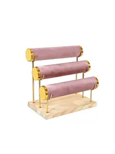 1-Pack 3-Tier Velvet Bracelet Stand, Detachable Rod Jewelry Organizer, Hanging Jewelry Storage & Organizer for Bracelets & Watches, Suitable for Travel & Home Use (Beige/Pink)