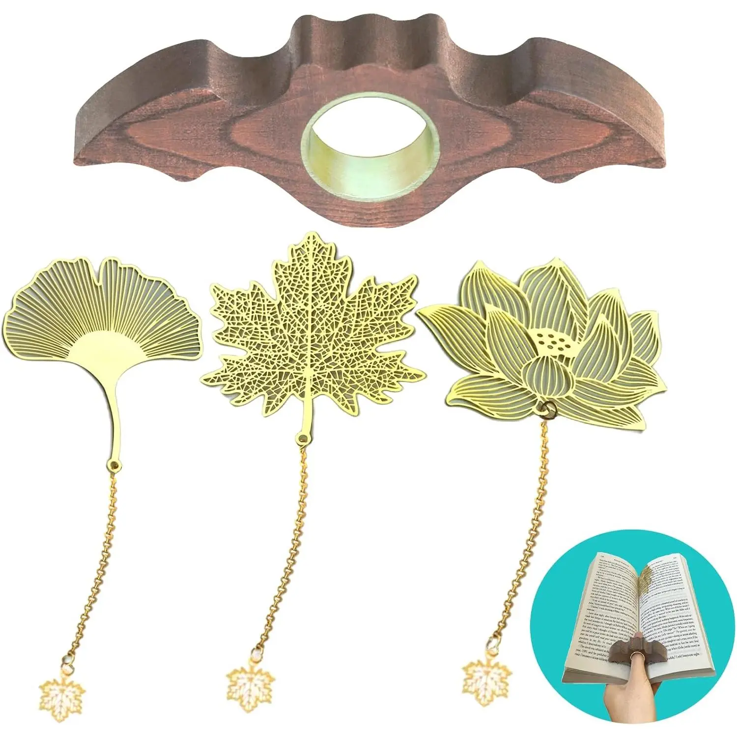 4 count Bookmarks,Handmade Thumb Wooden Walnut Book Page Holder with Golden Ring,Bat Wing Design,3 Pieces Metal Bookmarks with Chain,Golden Hollow Design, Book Reading Accessories (Medium)