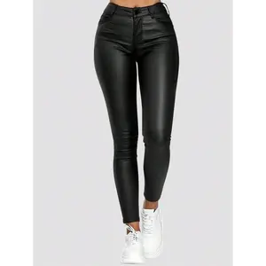 Rave Solid High Waist Slant Pockets PU Leather Party Skinny Pants