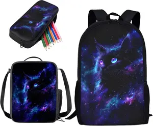 Purple Blue Galaxy Nebula Glowing Eyes Black Cat 3PCS Kids Backpack Set, Waterproof Large Capacity School Bag with Insulated Lunch Box & Pencil Pouch, Cosmic Starry Sky Mystic Kitten Full Print Student Bookbag for Girls Elementary Middle School