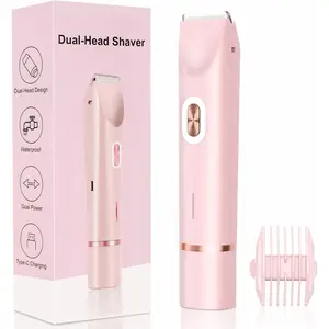 2-in-1 Electric Bikini Trimmer for Women — Dual Power USB-C & Battery, IPX7 Waterproof, Painless Pubic Hair Trimmer, Dual Head Razor for Bikini Line, Body & Face, Sensitive Skin, Gifts for Women Dual-Head