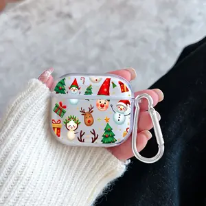 Christmas Delight Pattern Protective Case for AirPods 4/3/2/1/Pro/Pro2 Soft TPU Earphone Cover, Transparent with Keychain