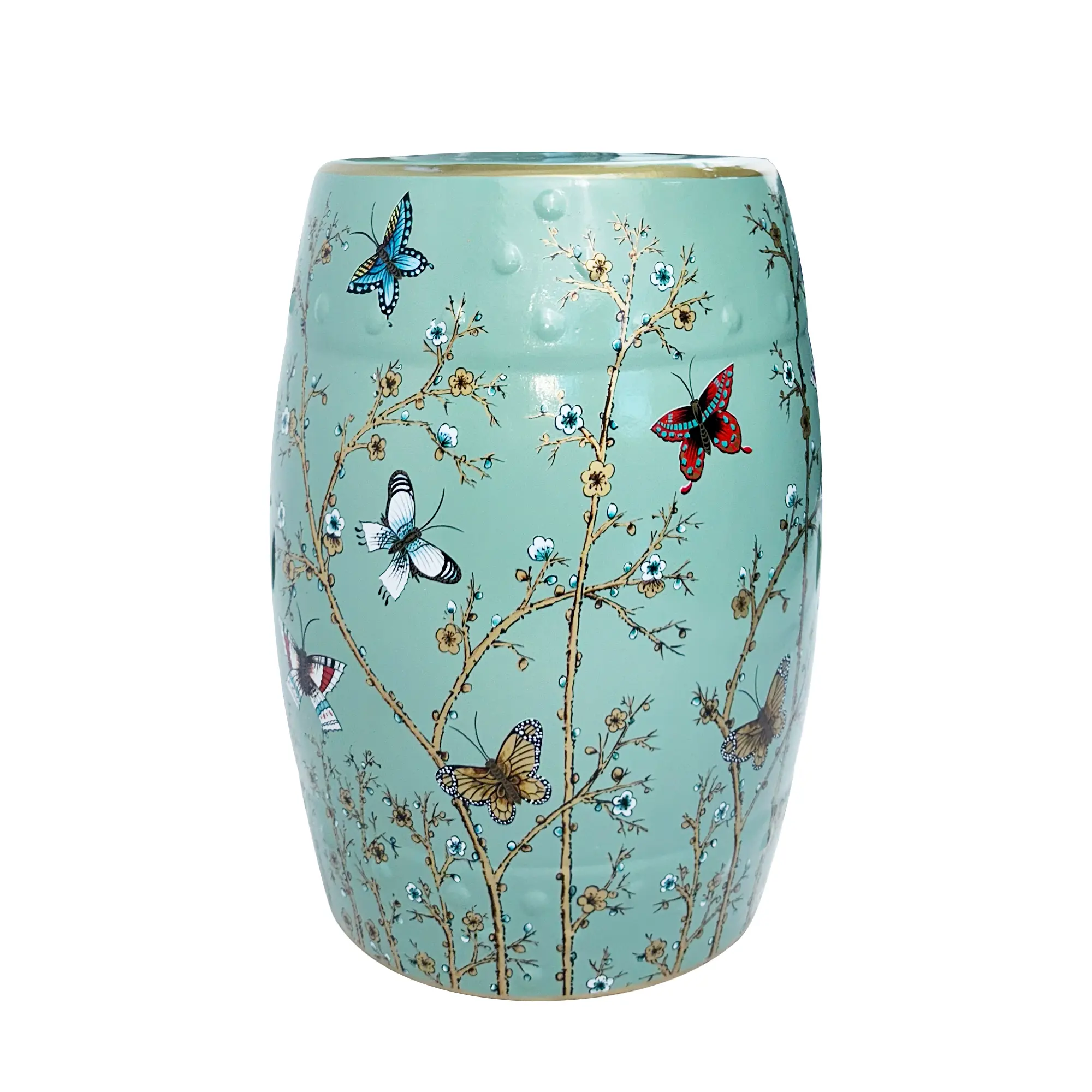 ONIPIG Handmade High-Fire Ceramic Accent Seat - Hand-Painted Classic Japanese Peonies, Floral & Bird Oriental Motifs, Armless Backless Drum Shape, 13.8x18 in, Hidden Storage, Footrest, Decorative Ottoman (Handmade Character) for Living Room