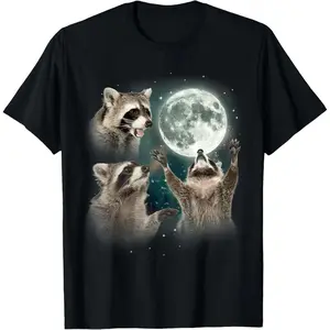 100% Cotton Printing Raccoon |     3 Racoons Howling At Moon Funny Weird Cursed T-Shirt