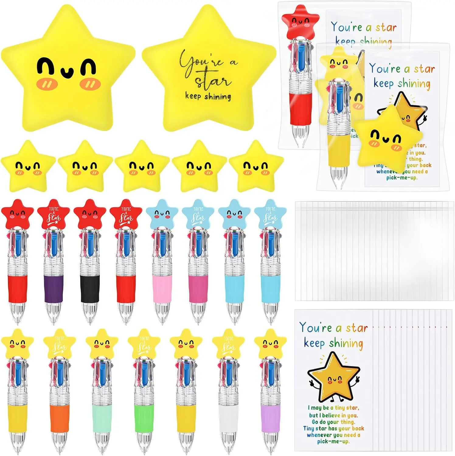15 Sets  Motivational Support 4-in-1 Multicolor Ballpoint Pen Squeeze Mini  Balls  Bulk with Inspirational Cards for Halloween Christmas Party Favor Student Teacher Class