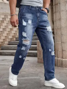 Men's Distressed Straight Leg Jeans, Blue Raw Hem Design, Perfect Gift, Casual Fashion, Loose-Fitting, All Seasons