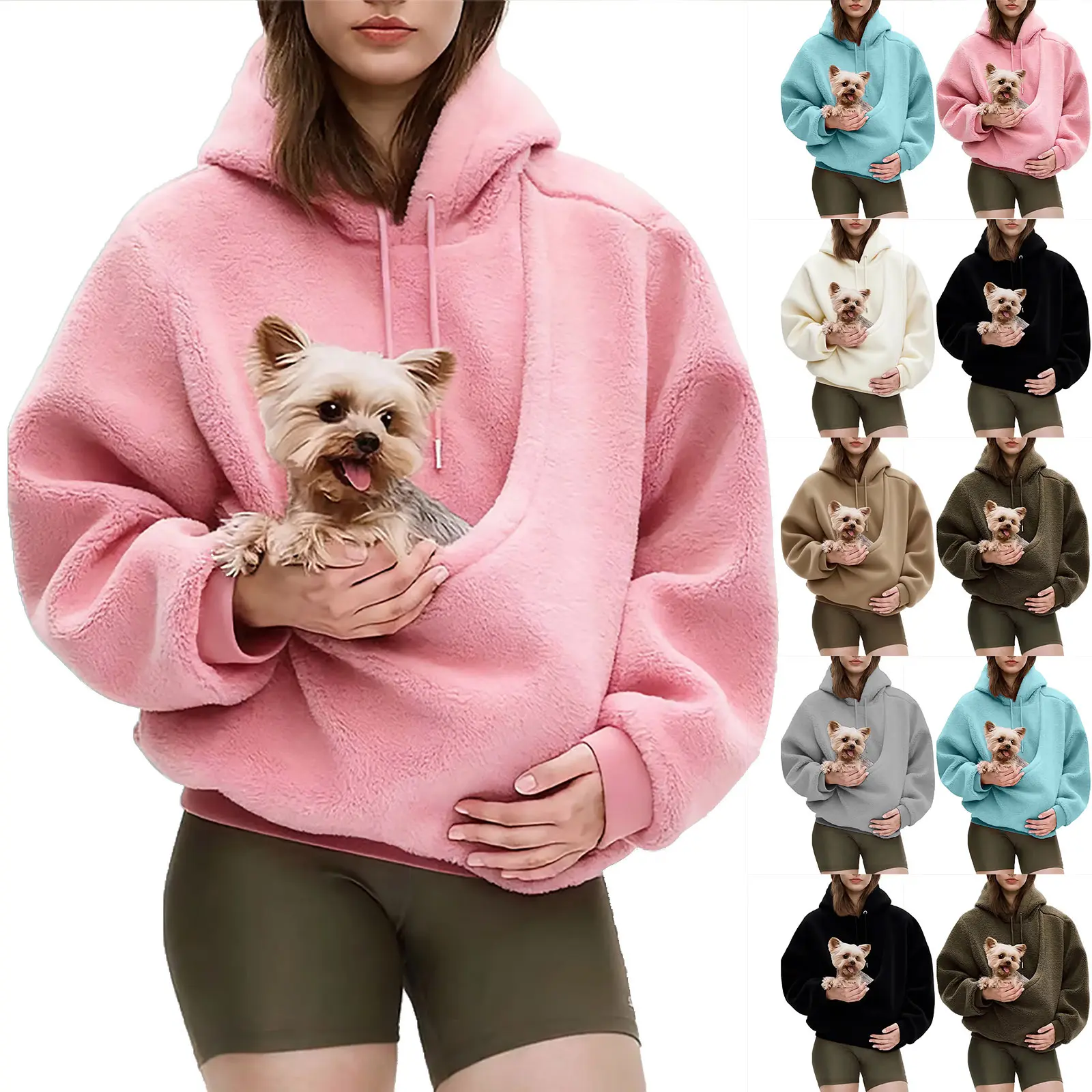 Women's Solid Color Hooded Sweatshirt - Loose Pullover with Plush Pet Pouch, Cute Furry Pet Carrier Pocket Oversized Casual Hoodie