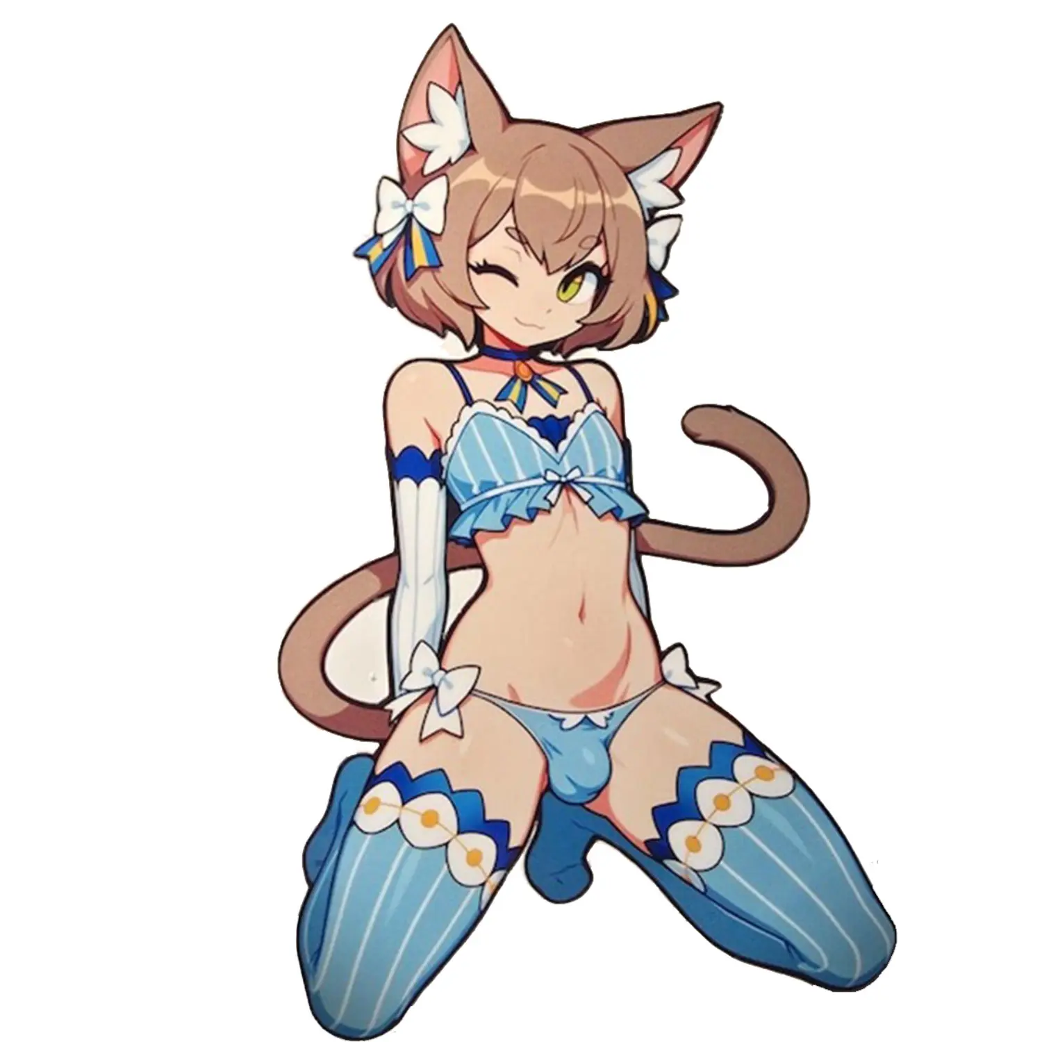 Cute Anime Cat Girl Vinyl Sticker, Kawaii Neko Girl in Blue Fantasy Outfit with Tail and Playful Expression, Stylish Anime Character Decal for Laptop, Water Bottle, Car Window