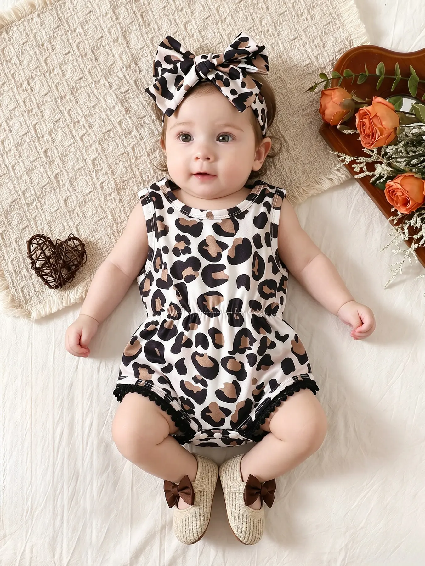 Baby Girls Leopard Print Onesie Bodysuit Outfit with Hairband, Cute Fitted Above Knee, Floral Pattern, All Seasons Wear, Comfortable Baby Clothing