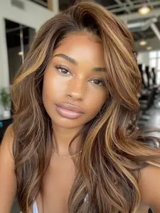 Long Curly Wavy Wig 150% Density Ombre Brown Highlight Blonde Curly Wave Wig for Women Layered Wavy Wig With Curtain Bangs for Women  Synthetic Fiber Hair Elegant Natural Looking for Daily Use