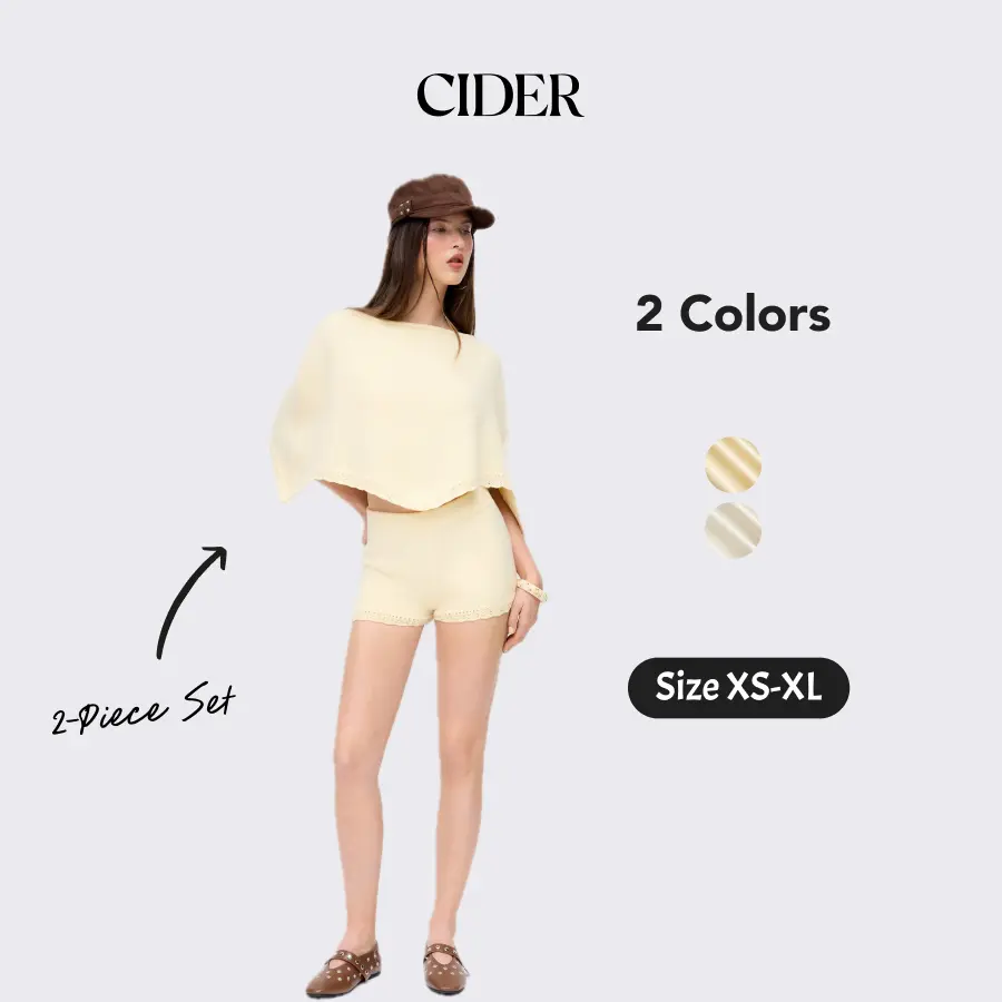 Cider 2-Piece Set Knit Boat Neck Cloak Top & Lettuce Trim Shorts Set Casual Womenswear