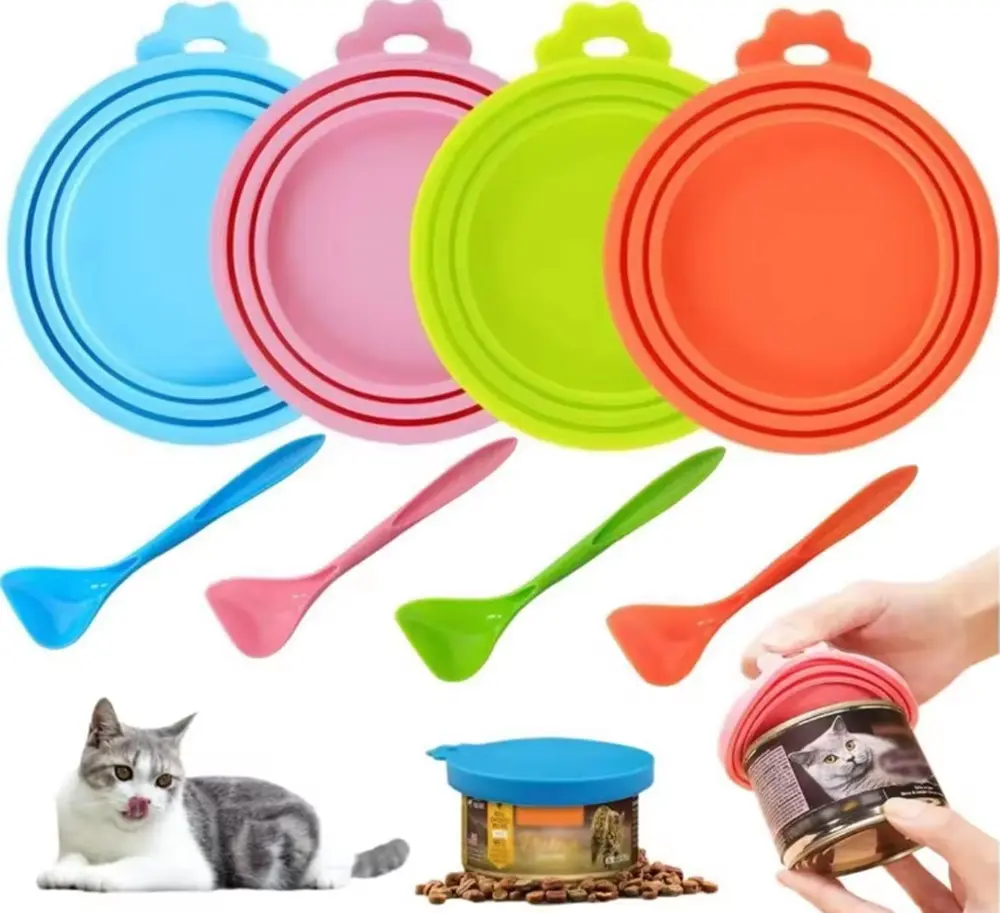 TIKA 4-Pack Silicone Pet Food Can Covers with Spoon, BPA-Free Universal Lids for Dog and Cat Food Cans, Fits 3 Sizes