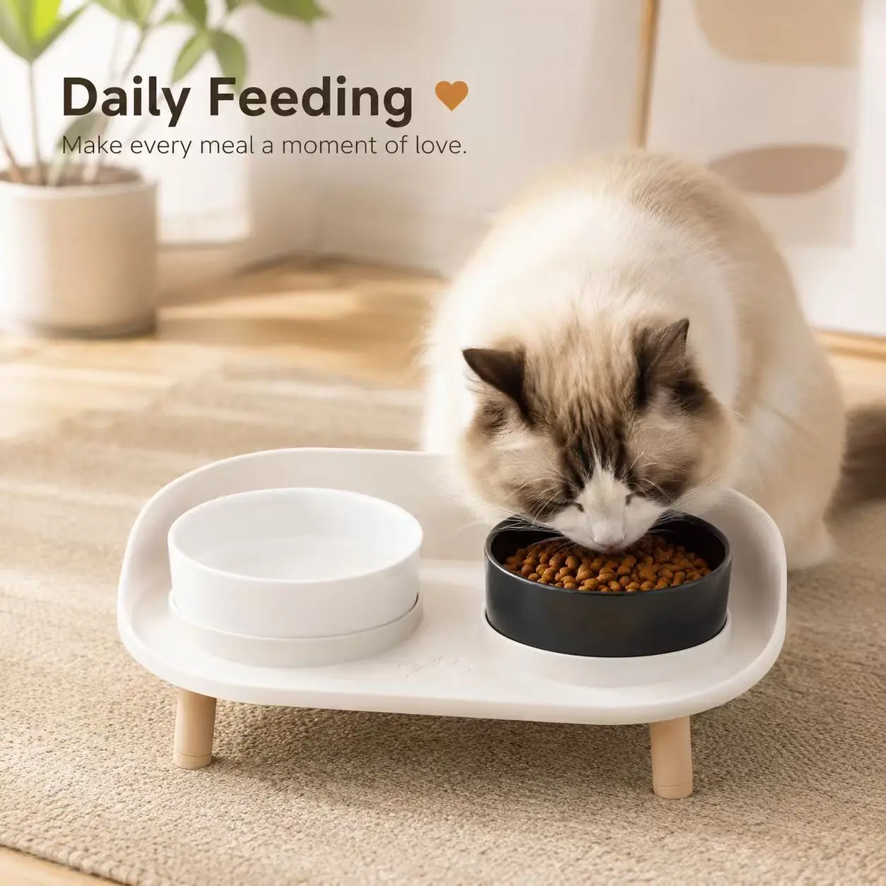 Bamboo Fiber 2-in-1 Dual Bowl Pet Feeder Dish - Plastic Non-Slip Elevated Base, 550ml Capacity, Stable Base Hold, Gentle on Mouths, Durable, Mess-Free, Easy to Clean, Feeding Tray Included, Ideal for Indoor Cats/Dogs (Not Smart Devices), Elevated Feed