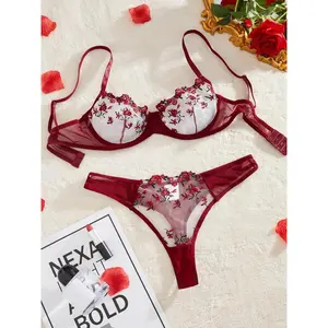 Women's Floral Embroidery Sheer Sexy Underwear Sets, Sexy Comfort Underwired Push Up Bra & Mesh Thongs, Summer Clothes 2024, Womenswear, Fallfreshness Two Piece Set Women, Fall Essentials