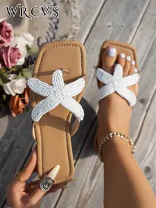 WRCVS White Beaded Sandals, Women's Summer Slippers With Five-Pointed Star Pattern, Square Toe Flat Slides, Sexy Party Flip Flops, Boho Style Beach Vacation Sandals