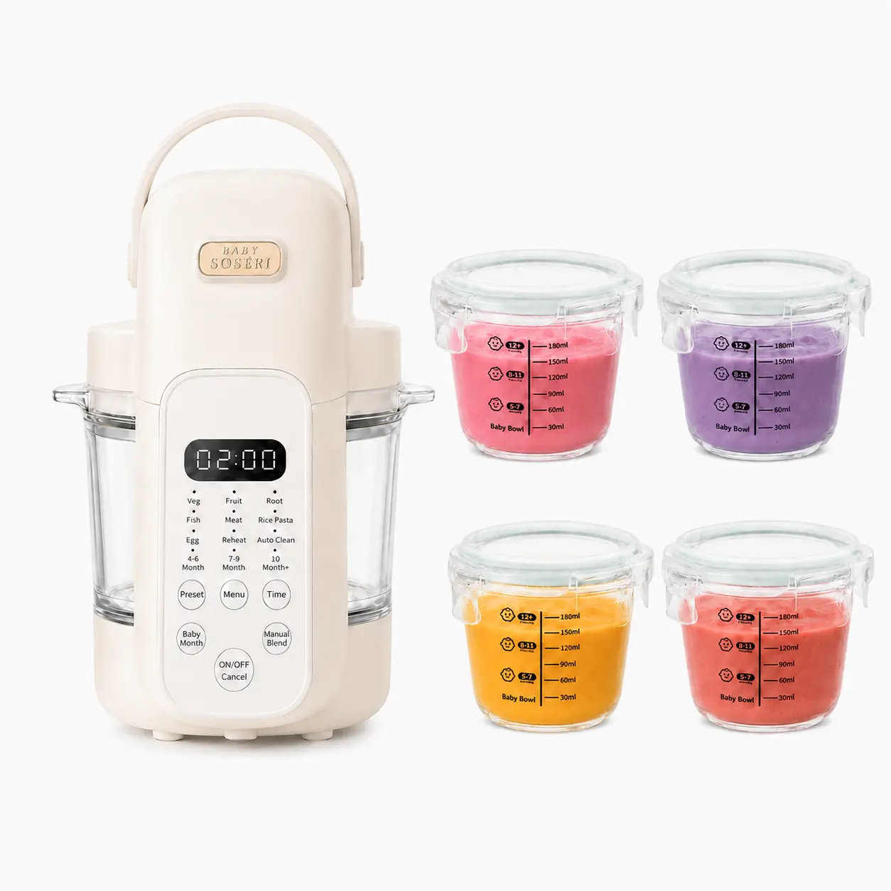 SosekiBaby Tutto Baby Food Maker (FM01) - BPA-Free Countertop Steamer Blender, Food-Grade Glass Bowl, Stainless Steel Parts, Timer, 3 Age-Stage Presets, 7 Preset Modes, Auto Steam & Grind, See-Through, Easy-Clean Dishwasher-Safe