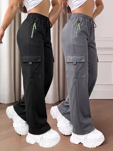 Women's Breathable Multi-Pocket Cargo Pants, Elastic Waist Drawstring Trousers with Neon Zip Detail