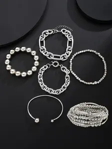 Women's Bracelet Set Chunky Wide Flower Beaded Chain Bangles Jewelry Gift for Girlfriend Mom Daily Date Vacation Party Stackable Bracelet Alloy Chain Bracelet Fashionable Chunky Bangles
