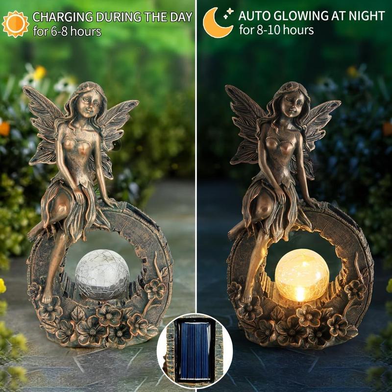 10.7 Inches Garden Outdoor Statue, Flower Fairy Decor, Solar Powered Resin Figurine, Light Sculpture For Yard Lawn Patio Balcony Decoration, Housewarming Gift