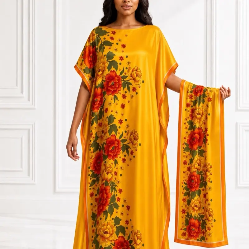Women's Elegant Floral Moo Moo Kaftan Maxi Dress, with Matching Head Scarf, 1 Size Fits Most
