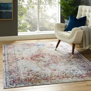 Modway Success Merritt Transitional Distressed Floral Vintage Medallion 5x8 Area Rug in Multicolored