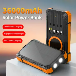 Power Bank Wireless Charger 36800 mAh Built in 4 Cables Six Outputs 15W Fast Charging Power Bank for All Mobile Devices Three Inputs Solar Portable Charger with Dual Flashlights, Carabiner