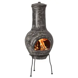 Vintiquewise Vintage Gray Outdoor Clay Chiminea - Charcoal Burn Firepit, Stony Scribble Design, Sturdy Metal Stand, Barbecue Function for Outdoor Gatherings, Firepit Use