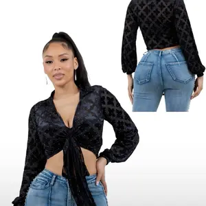 Tena Blouse Women Con Pedrería Black Velvet Tie-Front Crop Top with Sequins and Contrast Back