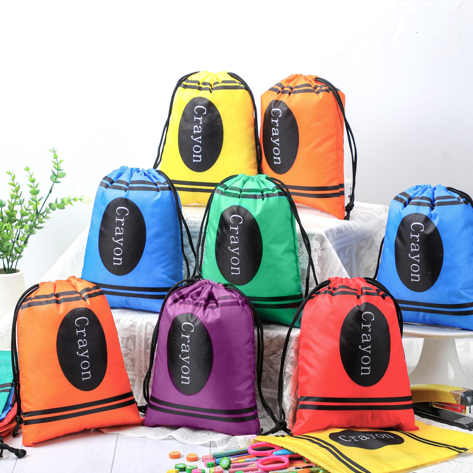 24 Pcs Graduation Gift Bag 10 x 7 Inch Crayon Drawstring Backpack Teacher Appreciation Week Favor Bulk Preschool Graduation Goodie Bag for Kindergarten Teacher Student,Birthday Supply Back to School Party Decoration,Classroom Gift Exchange